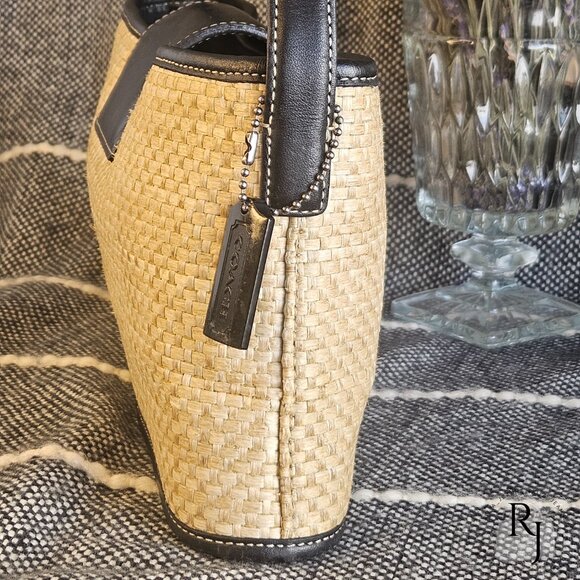 Coach Vintage Straw Tote – Black Leather Trim with Turnlock - Picture 3 of 16